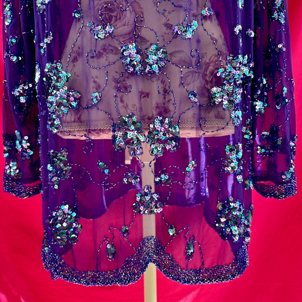 Sequin Beaded Sheer Purple Tunic Top XL Vintage Y2K Lillie Rubin‎ Glam Party - Picture 7 of 17